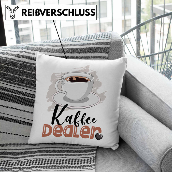 Kaffee Dealer Kissen mit Füllung 40x40 Geschenk für Barista Geburtstag Spruch Geschenkidee Kaffeeverkäufer (Grau) Rosa Trendation