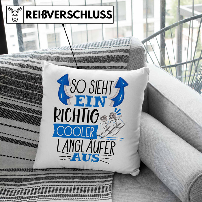 So Sieht Ein Richtig Cooler Langläufer Aus Geschenk Kissen mit Füllung 40x40 Lustiger Spruch Geschenkidee (Grau) Blau Trendation