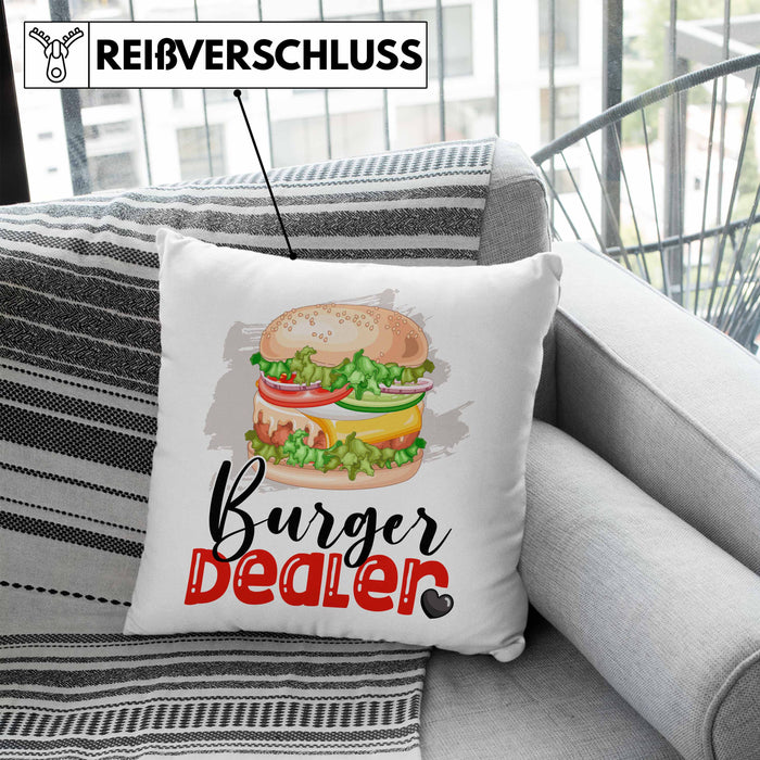 Burger Dealer Kissen mit Füllung 40x40 Geschenk für Besten Burgerverkäufer Geburtstag Spruch Geschenkidee (Grau) Blau Trendation