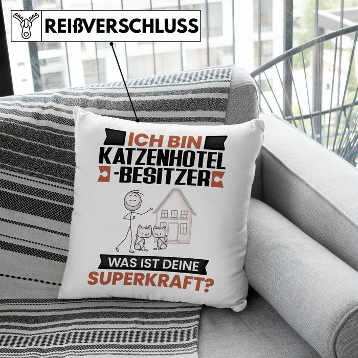Katzenhotelbesitzer Kissen mit Füllung 40x40 Geschenk für Katzenhotelbesitzer Geburtstag Lustiger Spruch Was Ist Deine Superkraft (Grau) Rosa Trendation
