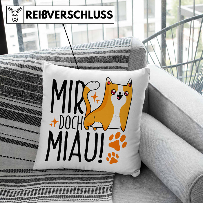 Katzen Kissen mit Füllung 40x40 Lustige Geschenkidee "Mir Doch Miau" Geschenk für Katzen-Besitzerin (Grau) Blau Trendation