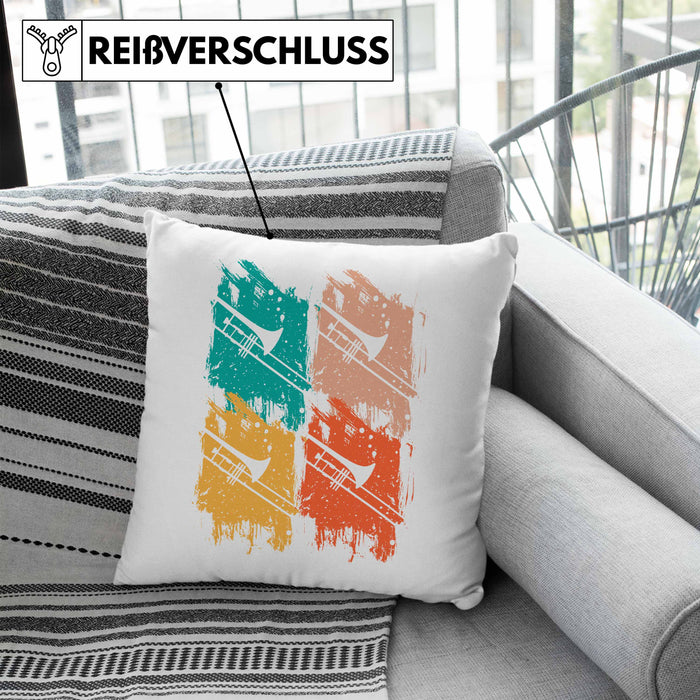 Posaunist Kissen mit Füllung 40x40 Geschenk Retro Grafik Posaune Kaffee Geschenkidee Lustig (Grau) Blau Trendation