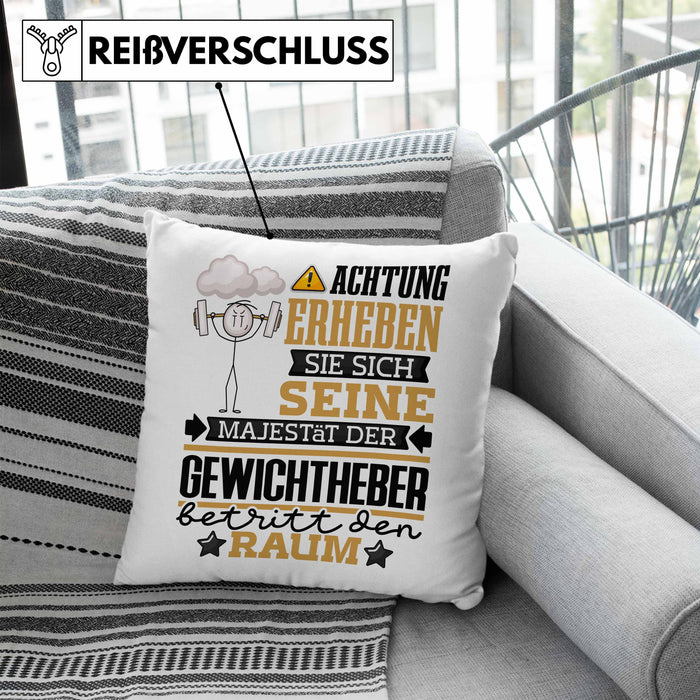 Gewichtheber Geschenk Kissen mit Füllung 40x40 Lustiger Spruch Erheben Sie Sich Der Gewichtheber Betritt den Raum (Grau) Blau Trendation