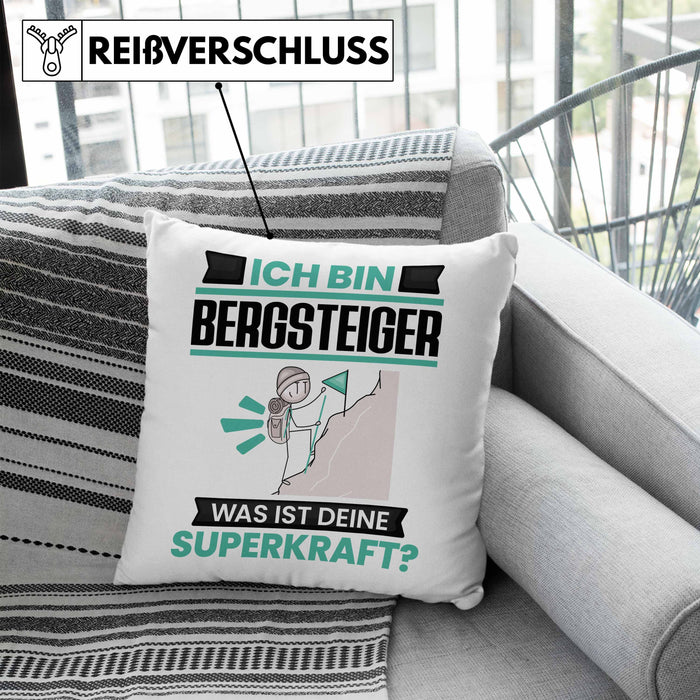 Bergsteiger Kissen mit Füllung 40x40 Geschenk für Bergsteiger Geburtstag Lustiger Spruch Was Ist Deine Superkraft (Grau) Blau Trendation