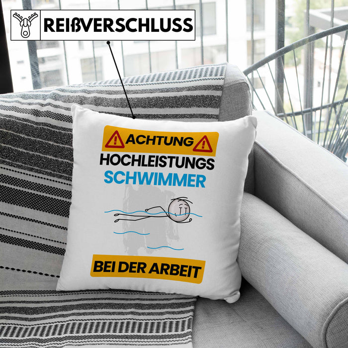 Schwimmer Kissen mit Füllung 40x40 Geschenk Lustiger Spruch Geschenkidee für Schwimmer Achtung Hochleistungs Schwimmer Bei Der Arbeit (Grau) Grün Trendation