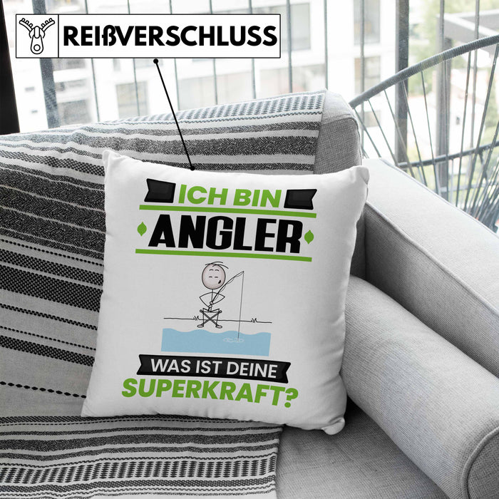Angler Kissen mit Füllung 40x40 Geschenk für Angler Geburtstag Lustiger Spruch Was Ist Deine Superkraft (Grau) Blau Trendation