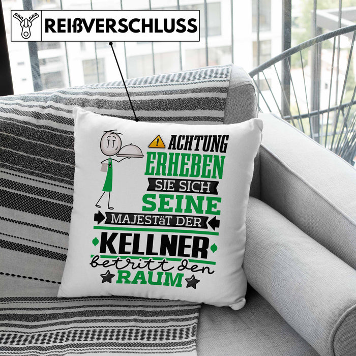 Kellner Geschenk Kissen mit Füllung 40x40 Lustiger Spruch Erheben Sie Sich Der Kellner Betritt den Raum (Grau) Rosa Trendation