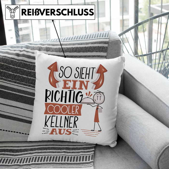 Kellner Kissen mit Füllung 40x40 Geschenk So Sieht Ein RIchtig Cooler Kellner Aus Geschenkidee Lustiger Spruch Geburtstag (Grau) Blau Trendation