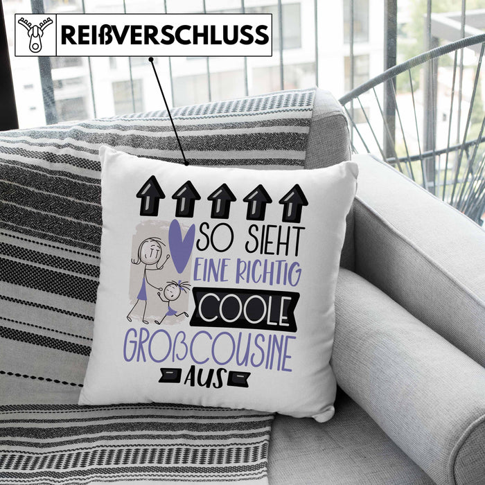 Großcousine Geschenk Kissen mit Füllung 40x40 Geschenkidee für Großcousine Geburtstag Weihnachten Spruch So Sieht Eine Richtig Coole Großcousine Aus (Grau) Grau Trendation