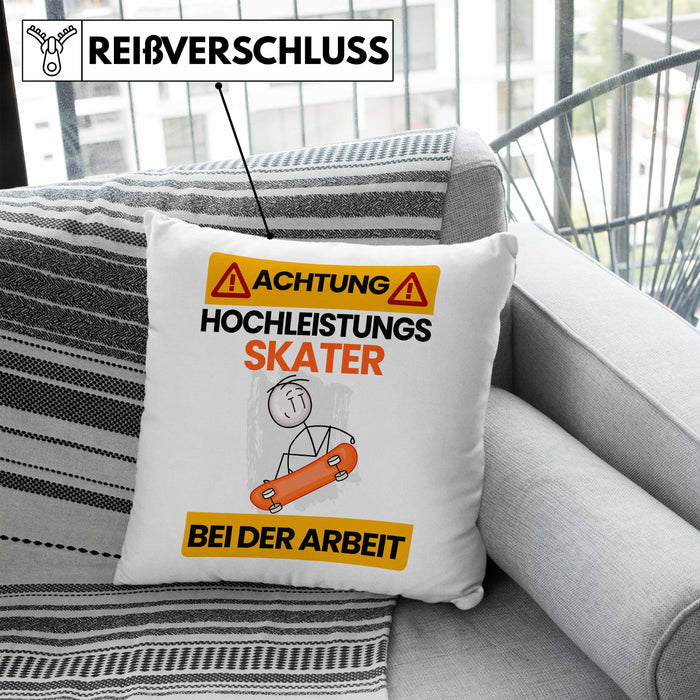 Skater Kissen mit Füllung 40x40 Geschenk Lustiger Spruch Geschenkidee für Skater Achtung Hochleistungs Skater Bei Der Arbeit (Grau) Blau Trendation