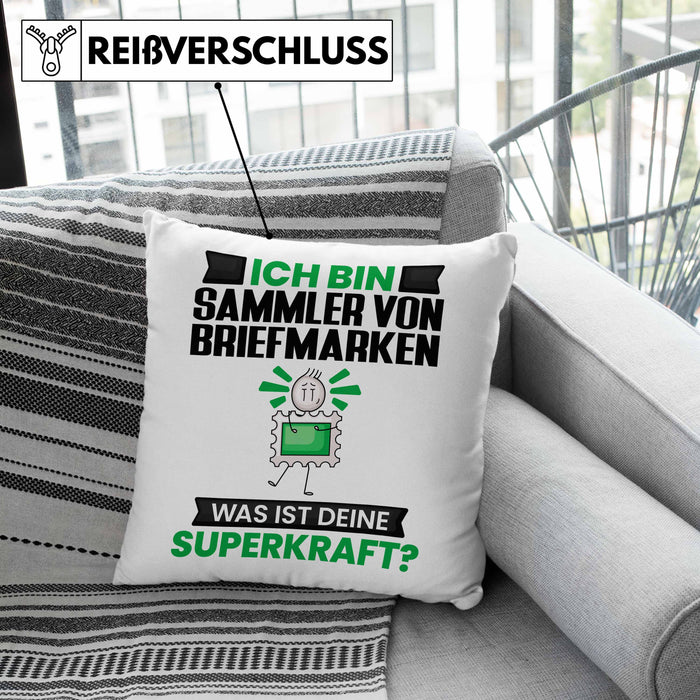 Sammler von Briefmarken Kissen mit Füllung 40x40 Geschenk für Sammler von Briefmarken Geburtstag Lustiger Spruch Was Ist Deine Superkraft (Grau) Grün Trendation