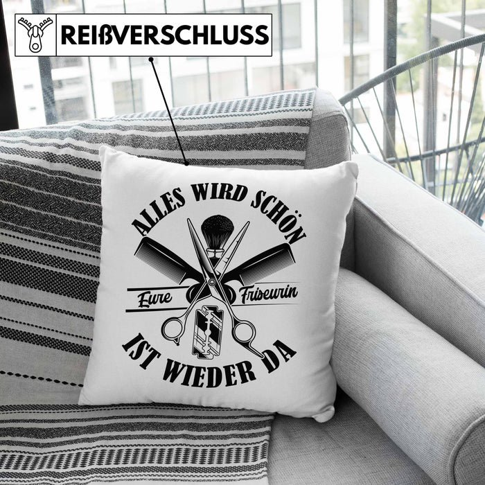 Friseurin Kissen mit Füllung 40x40 GEschenk Alles Wird Schön Eure Friseurin Ist Wieder Da (Grau) Grau Trendation