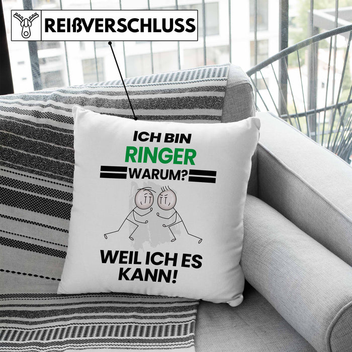 Ringer Geschenk Kissen mit Füllung 40x40 Lustiger Spruch Ich Bin Ringer Warum Weil Ich Es Kann Geschenkidee Bester Ringer Geburtstag (Grau) Blau Trendation