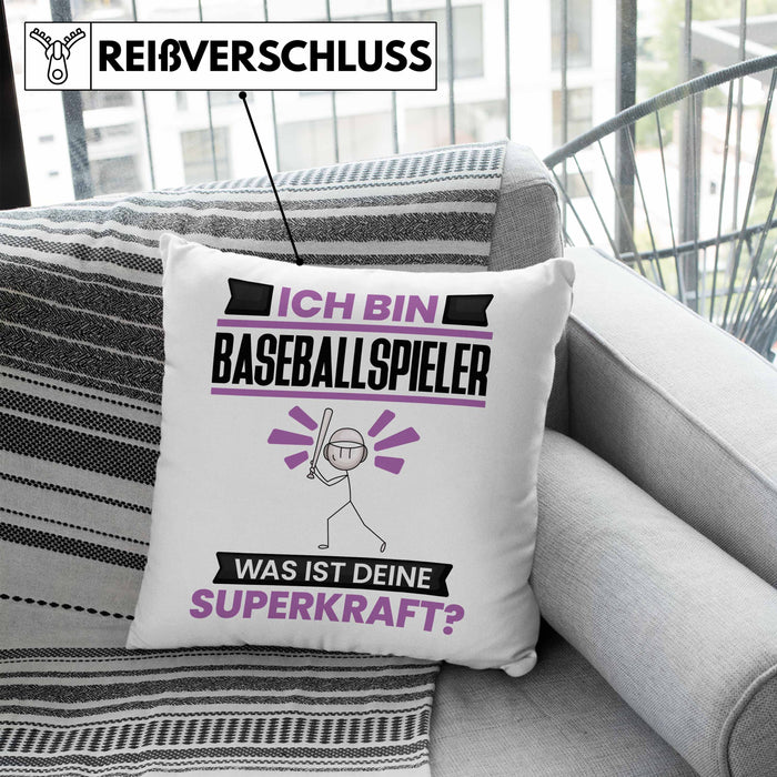 Baseballspieler Kissen mit Füllung 40x40 Geschenk für Baseballspieler Geburtstag Lustiger Spruch Was Ist Deine Superkraft (Grau) Blau Trendation