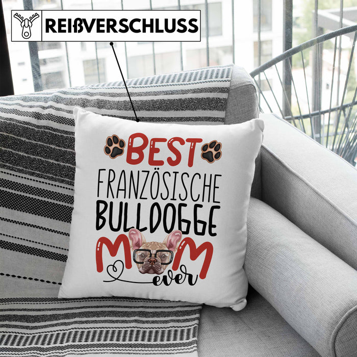 Französische Bulldogge Mom Besitzerin Kissen mit Füllung 40x40 Geschenk Lustiger Spruch Geschenkidee Besitzerin Französische Bulldogge Mama (Grau) Blau Trendation