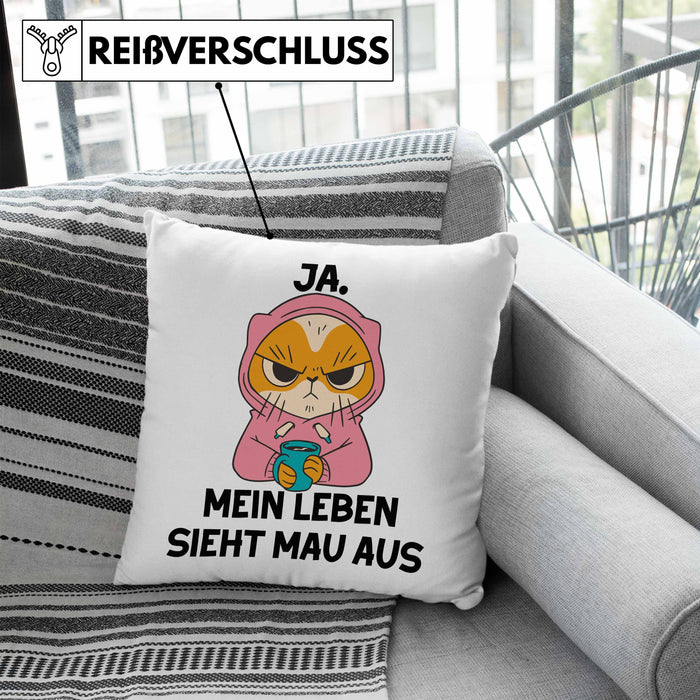 Dank Meme Kissen mit Füllung 40x40 Katzen Besitzer Wortspiel Ja Mein Leben Sieht Mau Aus Traurige Katze Geschenkidee Saure Katze Astronaut (Grau) Blau Trendation