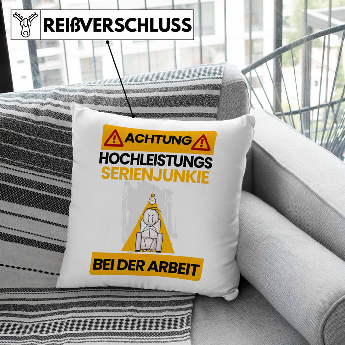 Serienjunkie Kissen mit Füllung 40x40 Geschenk Lustiger Spruch Geschenkidee für Serienjunkie Achtung Hochleistungs Serienjunkie Bei Der Arbeit (Grau) Blau Trendation