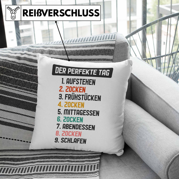 Zocker Gamer Kissen mit Füllung 40x40 mit Spruch Geschenk Junge Jungs Gaming Der Perfekte Tag (Grau) Blau Trendation