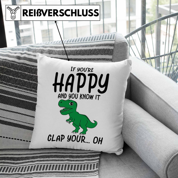 T-Rex Dino Kissen mit Füllung 40x40 Geschenk Wenn Du Glücklich Bist Und Du Es Weißt Klatsche Geschenkidee Dinosaurier Fans (Grau) Blau Trendation