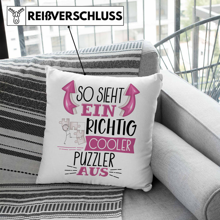So Sieht Ein Richtig Cooler Puzzler Aus Geschenk Kissen mit Füllung 40x40 Lustiger Spruch Geschenkidee (Grau) Blau Trendation