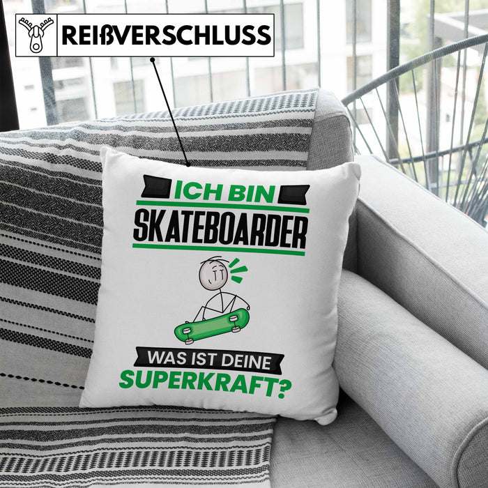 Skateboarder Kissen mit Füllung 40x40 Geschenk für Skateboarder Geburtstag Lustiger Spruch Was Ist Deine Superkraft (Grau) Blau Trendation