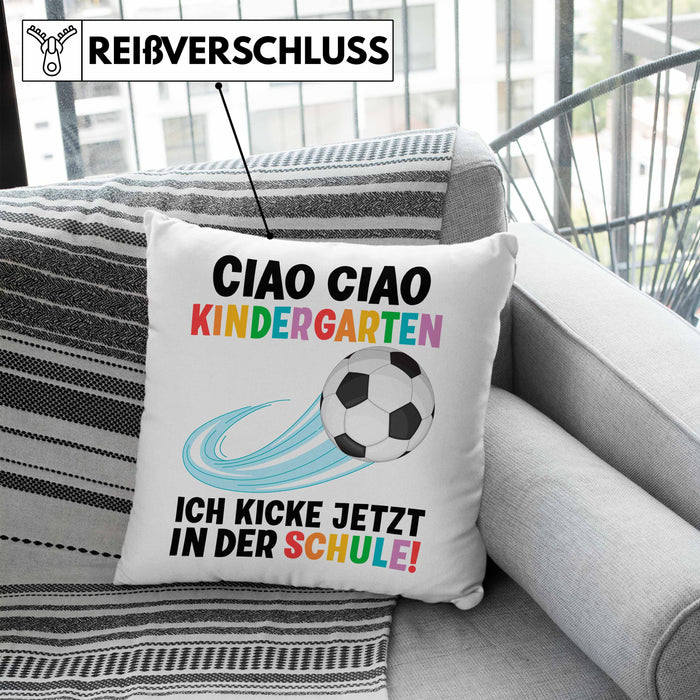 Einschulung Junge Fußball Schulkind Geschenk für Schultüte Füllung Kissen mit Füllung 40x40 Schulstart 1. Schultag Schuleinführung Schulanfang Geschenkidee 2024 (Grau) Blau Trendation
