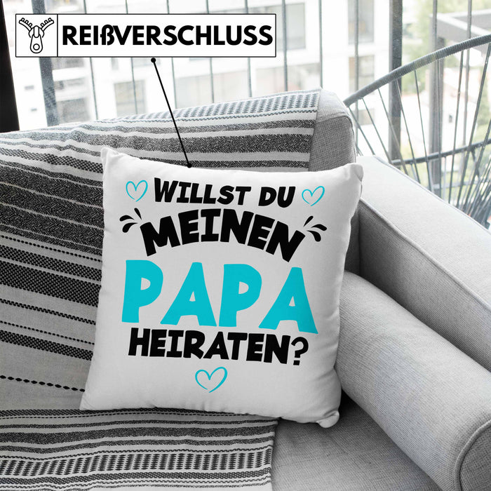 Heiratsantrag Kissen mit Füllung 40x40 Geschenk Lustiger Spruch Willst Du Meinen Papa Heiraten Geschenkidee Geburtstag (Grau) Blau Trendation