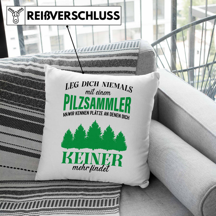 Pilzsammler Geschenk Kissen mit Füllung 40x40 Pilze Sammeln Geschenkidee Pilzsucher Pilzliebhaber Lustig (Grau) Grün Trendation