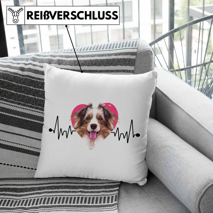 Australian Shepherd Besitzer Kissen mit Füllung 40x40 Geschenk Lustiger Spruch Geschenkidee Herzschlag Australian Shepherd (Grau) Rosa Trendation