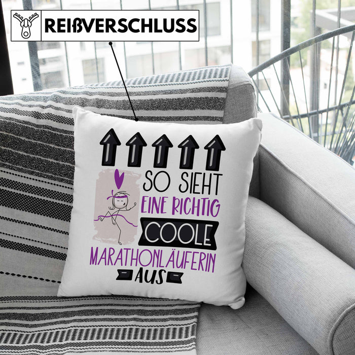 Marathonläuferin Geschenk Kissen mit Füllung 40x40 Lustig Geschenkidee für Marathonläuferin Geburtstag So Sieht Eine Richtig Coole Marathonläuferin Aus Frauen Spruch (Grau) Rosa Trendation
