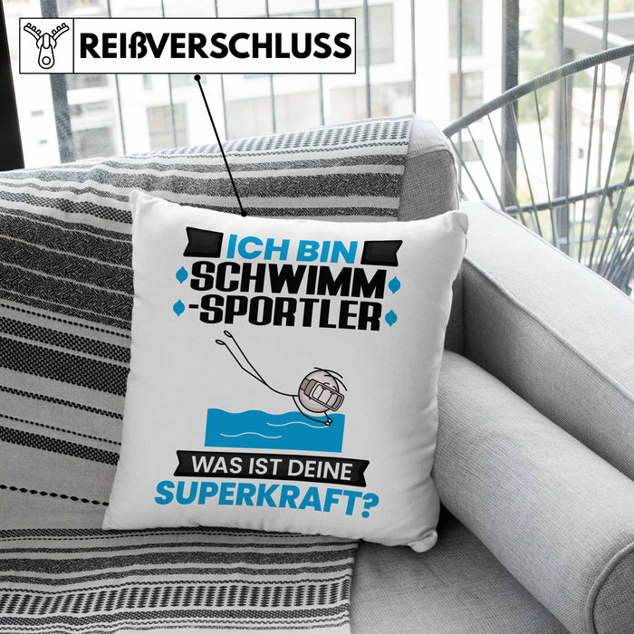 Schwimmsportler Kissen mit Füllung 40x40 Geschenk für Schwimmsportler Geburtstag Lustiger Spruch Was Ist Deine Superkraft (Grau) Grün Trendation