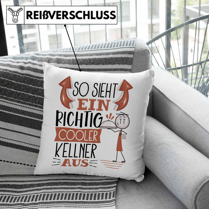 Kellner Kissen mit Füllung 40x40 Geschenk So Sieht Ein RIchtig Cooler Kellner Aus Geschenkidee Lustiger Spruch Geburtstag (Grau) Grau Trendation