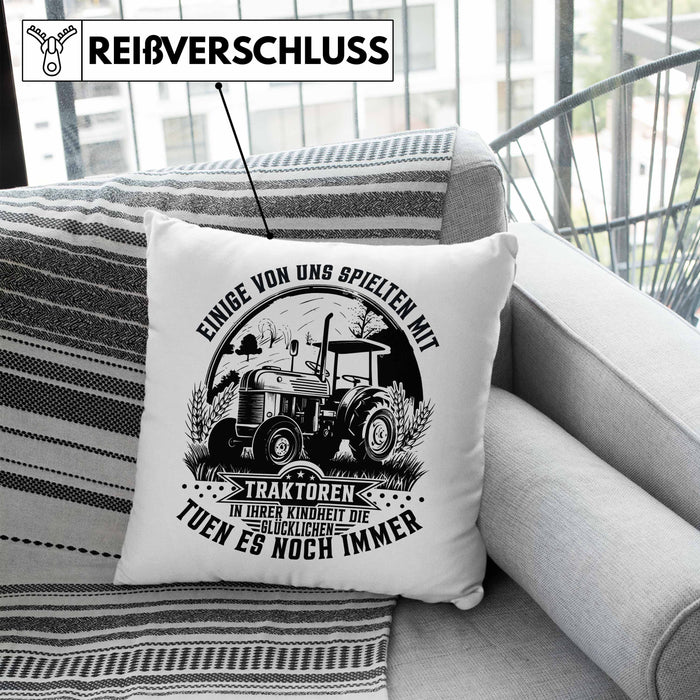 Bauer Landwirt Geschenk Kissen mit Füllung 40x40 Einige Von Uns Spielten Mit Traktoren Geschenkidee Jungs (Grau) Blau Trendation