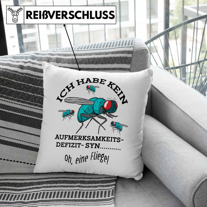Lustige Kissen mit Füllung 40x40 "Ich Habe Kein Aufmerksamkeitsdefizit... Oh Eine Fliege" Geschenk für humorvolle Menschen (Grau) Rosa Trendation