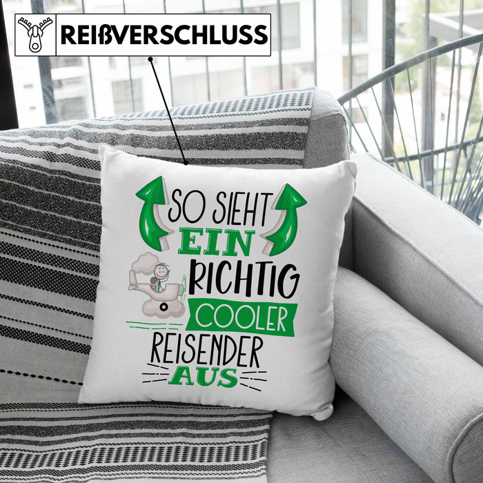 So Sieht Ein Richtig Cooler Reisender Aus Geschenk Kissen mit Füllung 40x40 Lustiger Spruch Geschenkidee (Grau) Rosa Trendation