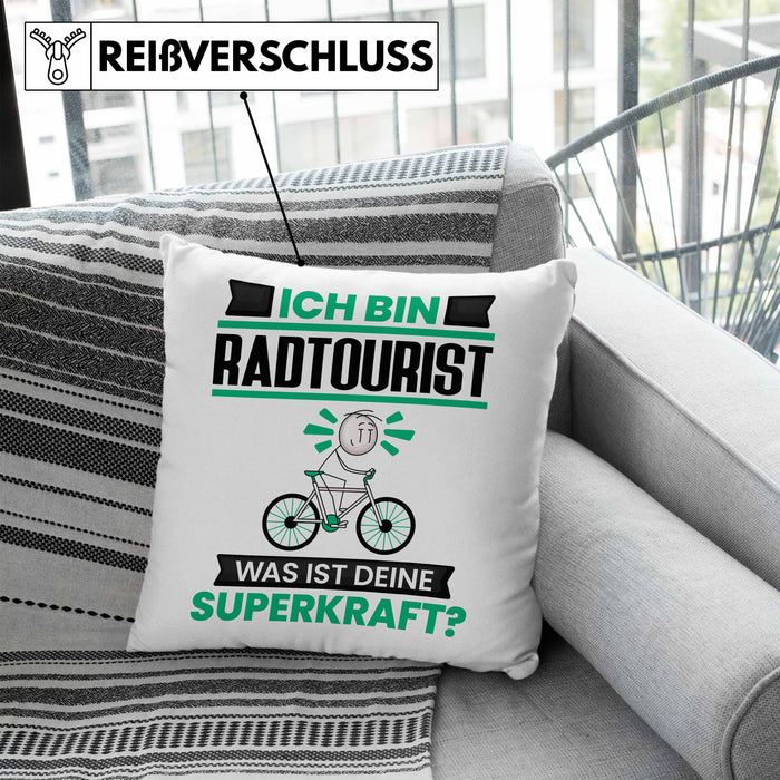 Radtourist Kissen mit Füllung 40x40 Geschenk für Radtourist Geburtstag Lustiger Spruch Was Ist Deine Superkraft (Grau) Blau Trendation