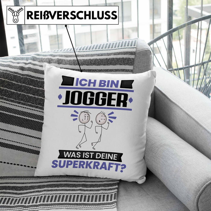 Jogger Kissen mit Füllung 40x40 Geschenk für Jogger Geburtstag Lustiger Spruch Was Ist Deine Superkraft (Grau) Blau Trendation