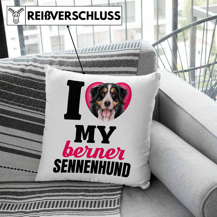Berner Sennen Besitzerin Kissen mit Füllung 40x40 Geschenk Lustiger Spruch Geschenkidee I Love My Berner Sennen (Grau) Blau Trendation