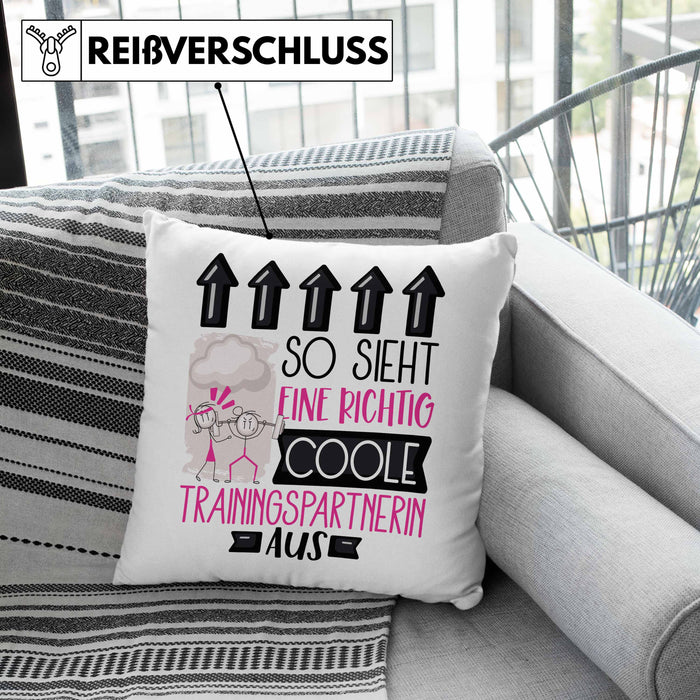 Trainingspartnerin Geschenk Kissen mit Füllung 40x40 Lustig Geschenkidee für Trainingspartnerin Geburtstag So Sieht Eine Richtig Coole Trainingspartnerin Aus Frauen Spruch (Grau) Grün Trendation
