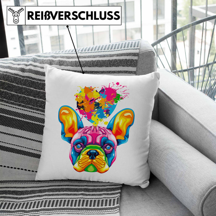 Französische Bulldogge Herz Farbe Besitzer Kissen mit Füllung 40x40 Geschenk Lustiger Spruch Geschenkidee Französische Bulldogge Liebhaber (Grau) Blau Trendation