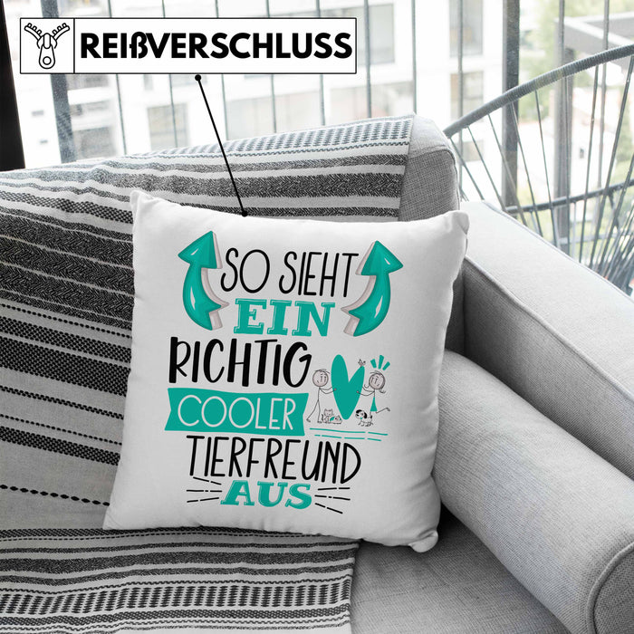 Tierfreund Kissen mit Füllung 40x40 So Sieht Ein Richtig Cooler Tierfreund Aus Geschenk Lustiger Spruch Geschenkidee (Grau) Blau Trendation