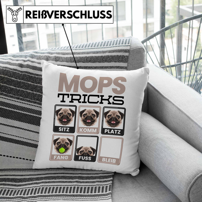 Mops Besitzer Kissen mit Füllung 40x40 Geschenk Lustiger Spruch Geschenkidee Mops Tricks Bleib (Grau) Grau Trendation