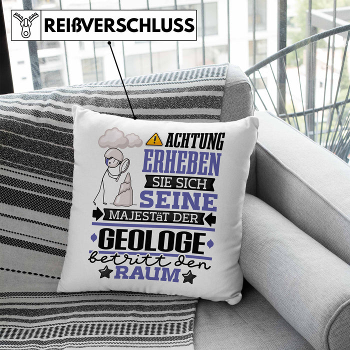 Geologe Geschenk Kissen mit Füllung 40x40 Lustiger Spruch Erheben Sie Sich Der Geologe Betritt den Raum (Grau) Blau Trendation