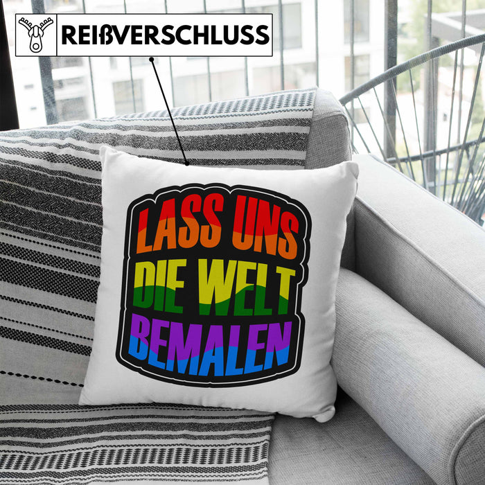 Geschenkidee LGBT Kissen mit Füllung 40x40 "Lass uns die Welt Bemalen" Regenbogenfarben (Grau) Blau Trendation