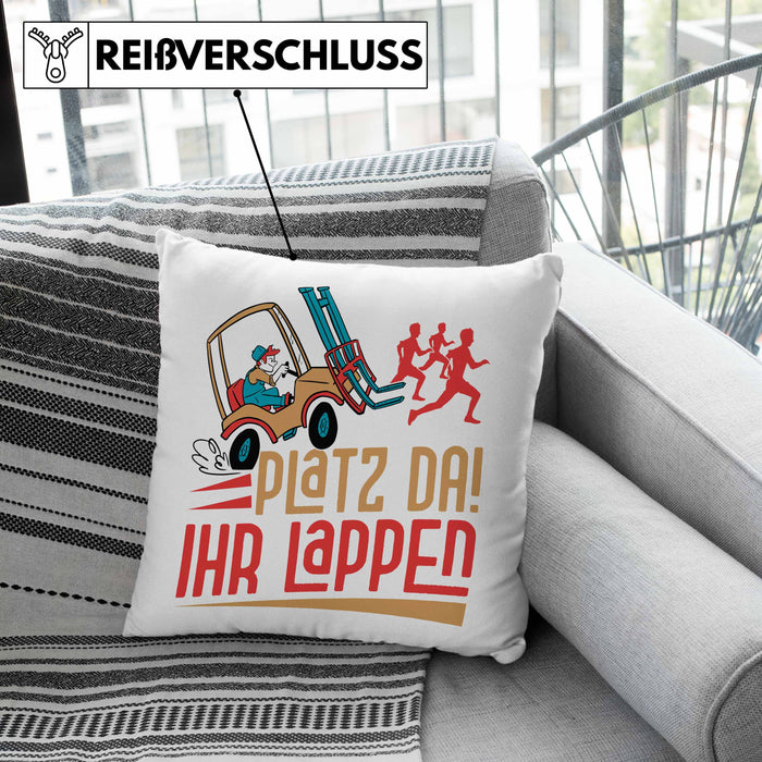 Gabelstapler Kissen mit Füllung 40x40 Geschenk Gabelstaplerfahrer Lagerist Geschenkidee Männer Platz Ihr Lappen Hupwagen Lager Geschenkidee (Grau) Grün Trendation