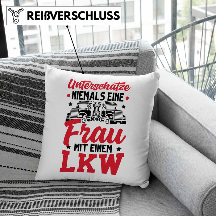LKW Fahrerin Kissen mit Füllung 40x40 Geschenk Frauen Lastkraftwagen Fahrerin Geschenkidee für Frauen Unterschätze Niemals Eine Frau Mit Einem LKW (Grau) Grün Trendation