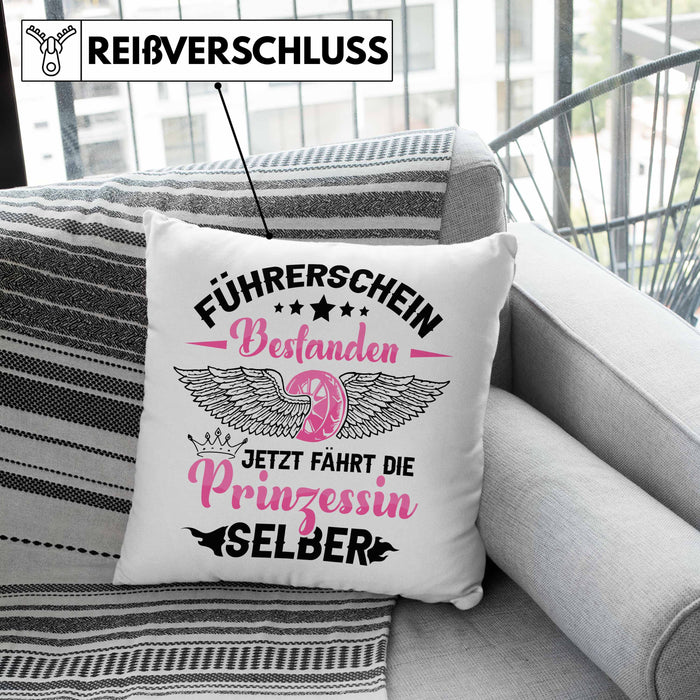 Führerschein Bestanden Kissen mit Füllung 40x40 Geschenk Frauen Mädchen Prinzessin Geschenk zum Bestandenden Führerschein (Grau) Rosa Trendation