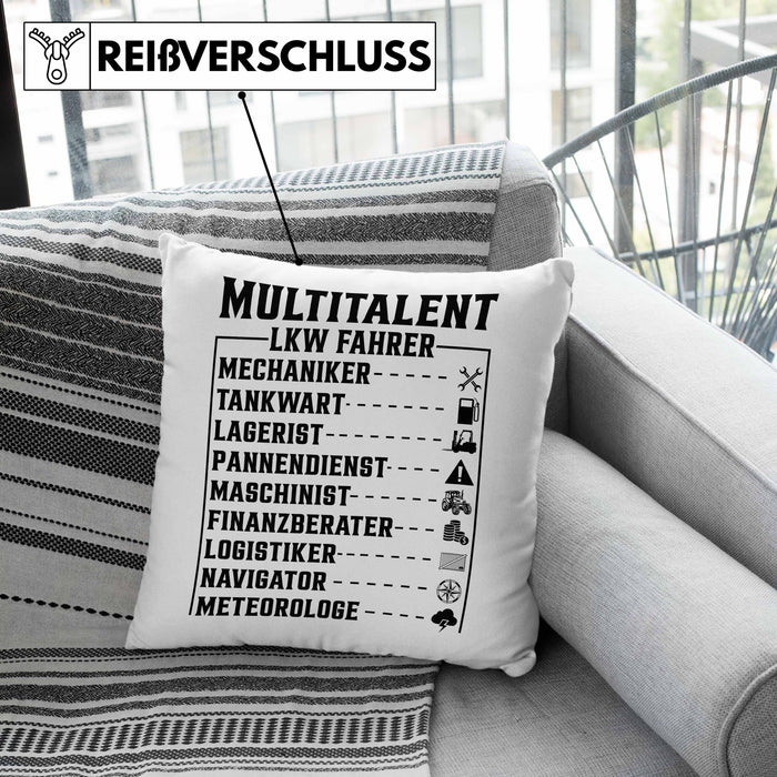 LKW Fahrer Kissen mit Füllung 40x40 Geschenk Multitalent Lustiger Spruch Lastkraftwagenfahrer (Grau) Grau Trendation
