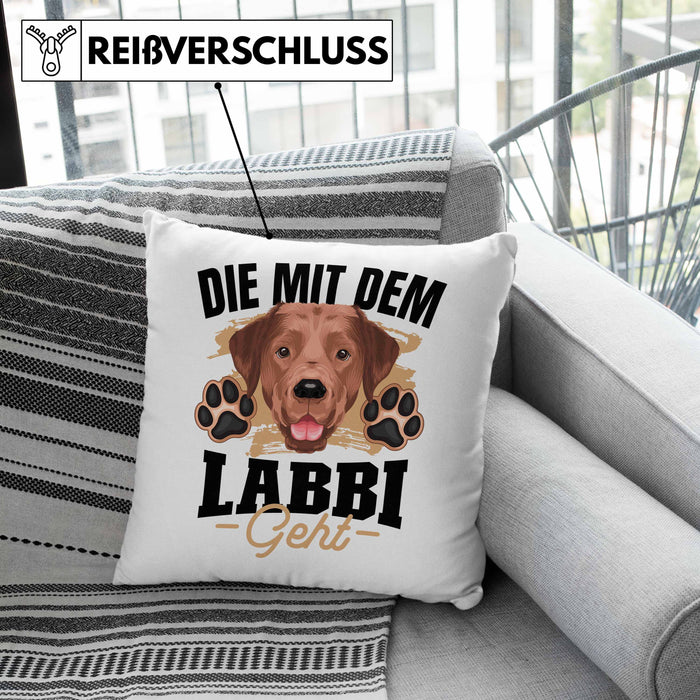 Die Mit Dem Labbi Geht Kissen mit Füllung 40x40 Gassi Gehen Labrador Besitzerin Geschenkidee Frauchen Geschenk (Grau) Grau Trendation