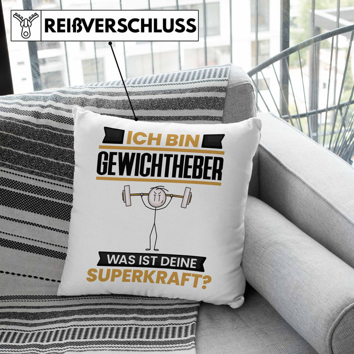 Gewichtheber Kissen mit Füllung 40x40 Geschenk für Gewichtheber Geburtstag Lustiger Spruch Was Ist Deine Superkraft (Grau) Grau Trendation